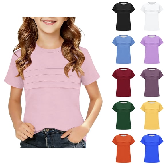 Asxite Toddler Tshirt Solid Color Short Sleeve Crew Neck Casual Loose Breathable Summer Tops 2-12Y