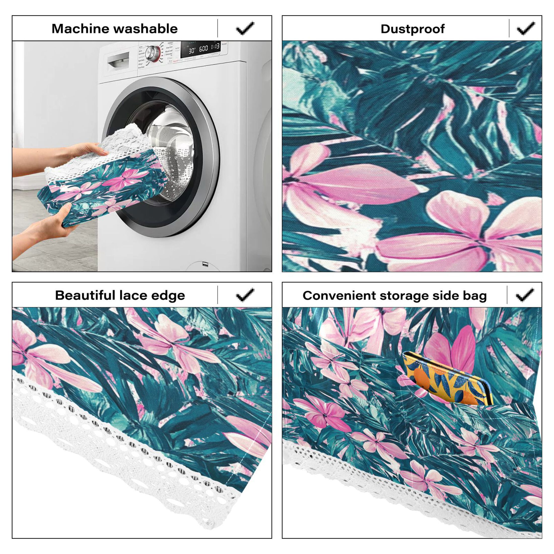 Pink FlowerWasher and Dryer Covers Dust-Proof and Oil Resistant Fridge Cover with 4 Storage Pockets Washing Machine Top Cover for Laundry Kitchen Home 51.2 x 22 In
