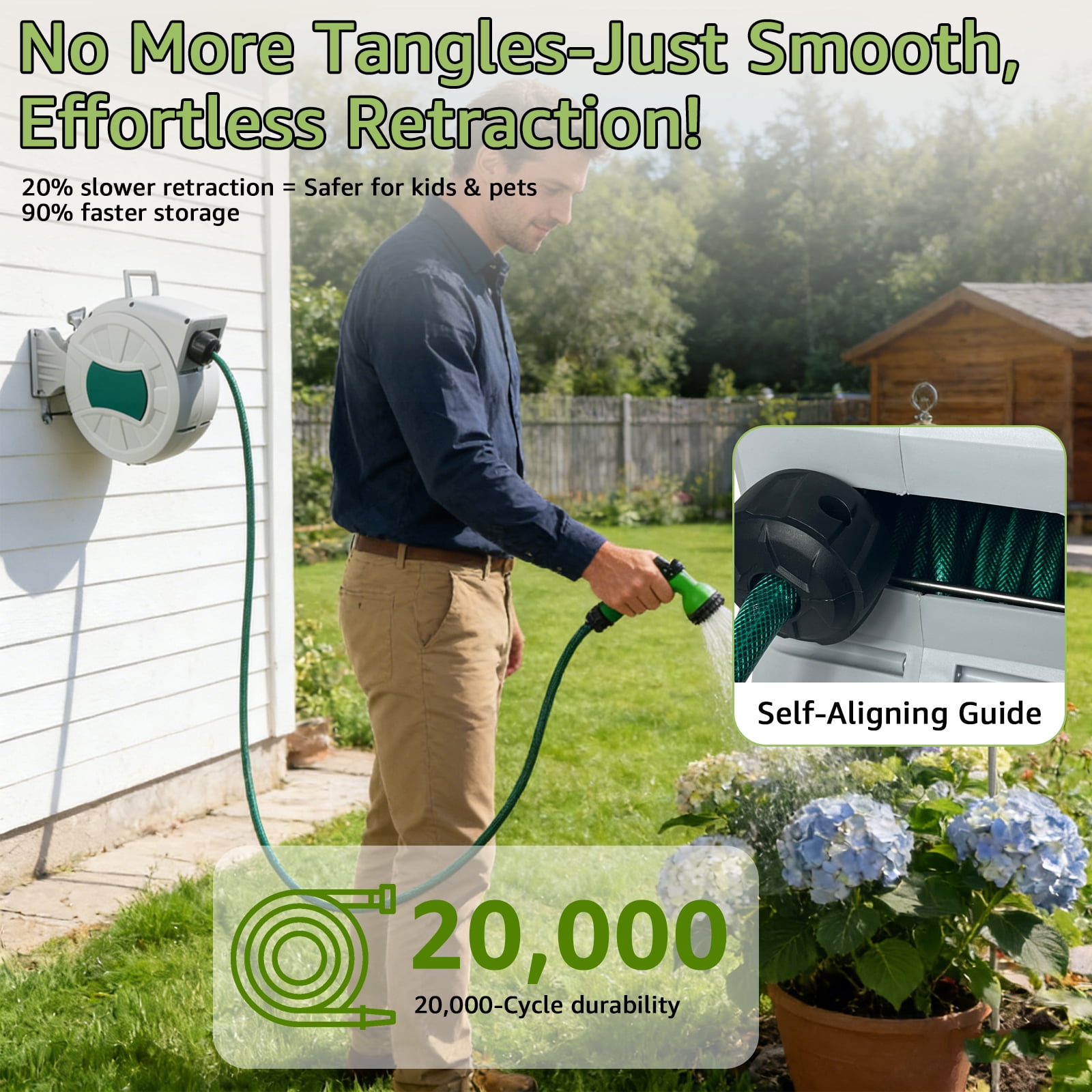 PRIJESS 100 FT Retractable Hose Reel 1/2 in, Wall Mount Garden Water Hose for Car Wash & Pet Bath, Automatic Slow Rewind, Any Length Lock & 180° Swivel, Includes 7-Pattern Nozzle & Hardware