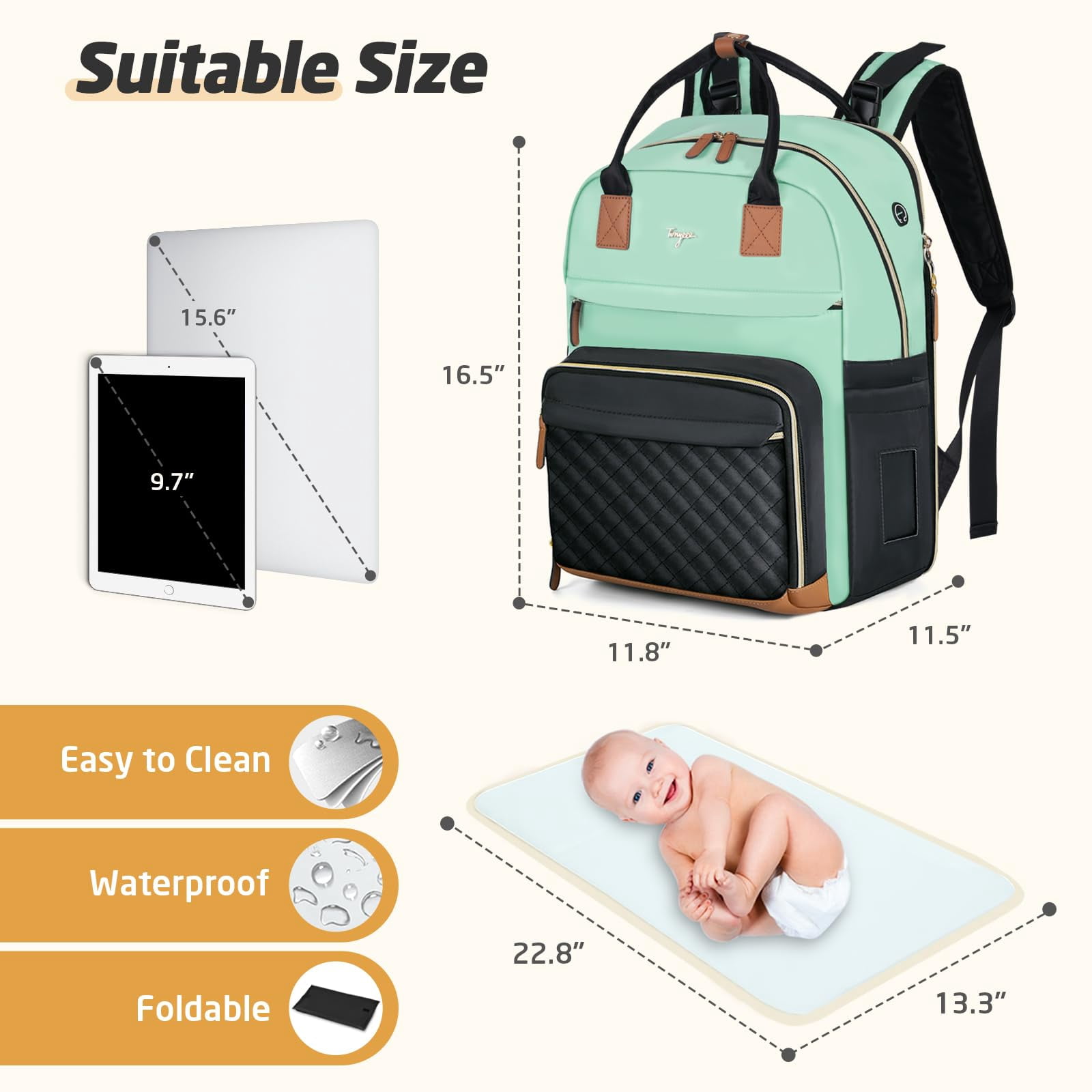 Diaper Bag Backpack, Extra Large for Twins & 2 Kids, 25-37L Expandable Travel Baby Bag with Changing Pad & Earphone Hole, Green Black