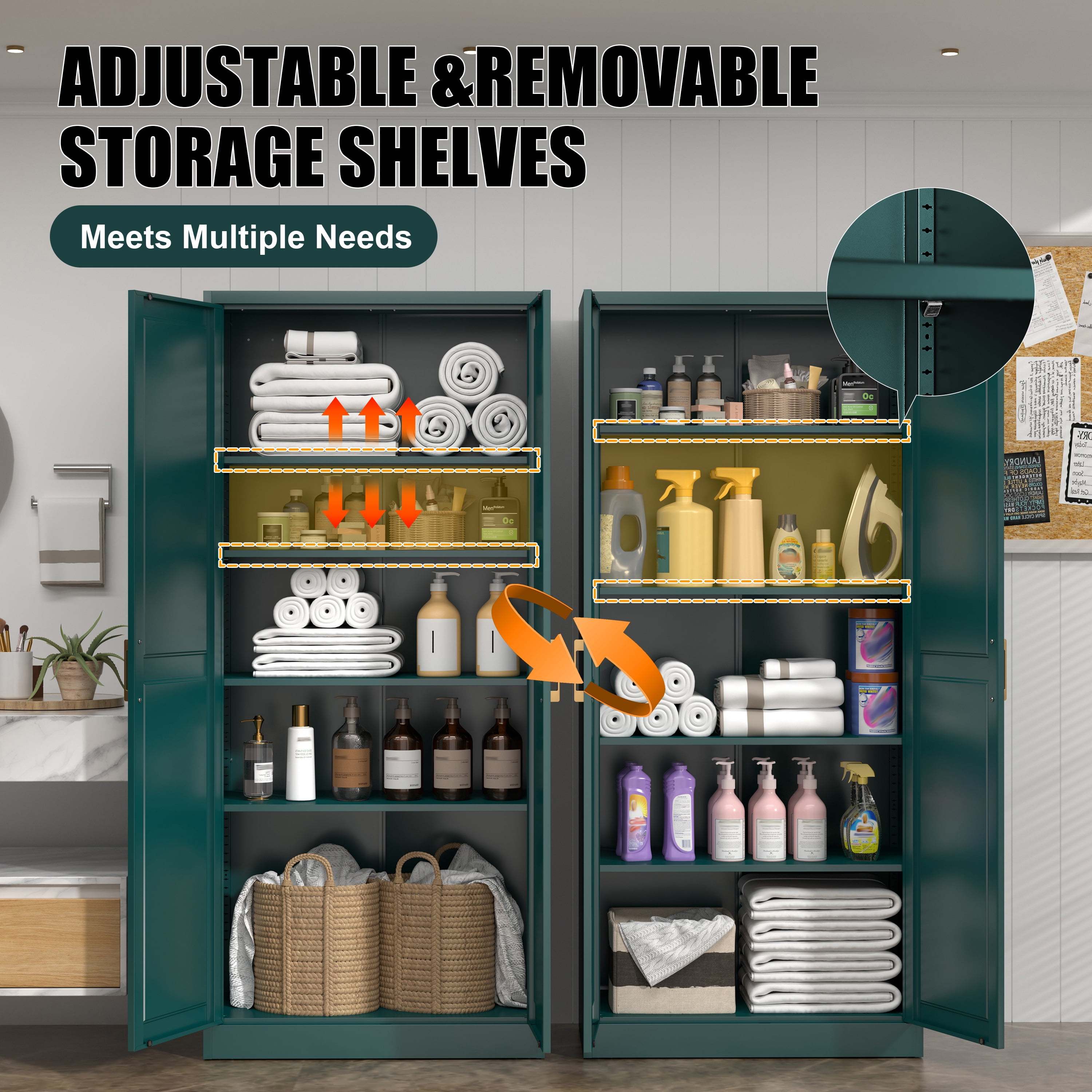 Polup 71" Height Metal Green Storage Cabinet, Modern Tall Steel Pantry Cupboard with 2 Doors and Adjustable Shelves for Kitchen Garage and Home