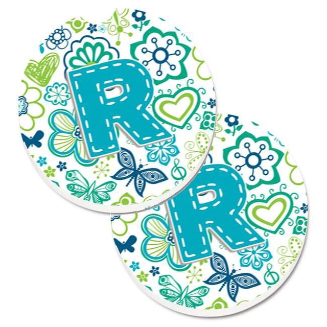 Caroline's Treasures Set of 2 Teal Blue Letter R Flowers & Butterflies Car Coasters
