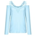 thumbnail image 4 of XFLWAM Women's Casual Cold Shoulder Tops V-Neck Lace Hollowed Out Long Sleeve Shirts Loose Comfy Tees Blue S, 4 of 6