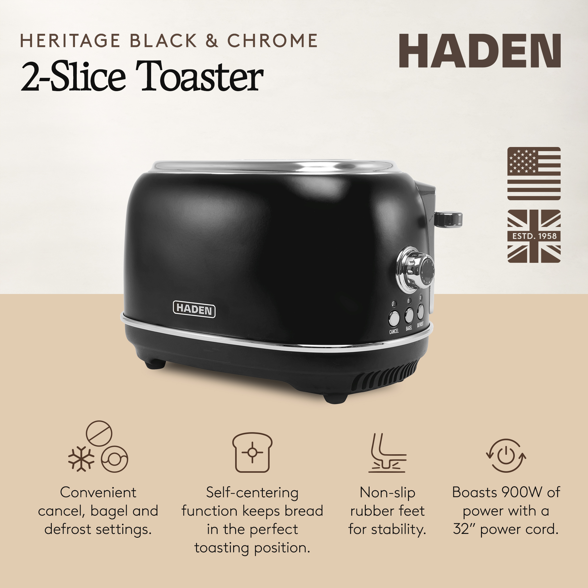 Open Box Haden Heritage 2 Slice Wide Slot Toaster w/Crumb Tray, Black/Chrome