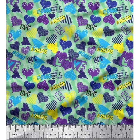 Soimoi Green Crepe Silk Fabric Text,Brush Stroke & Colorful Heart Print Fabric by the Yard 42 Inch Wide