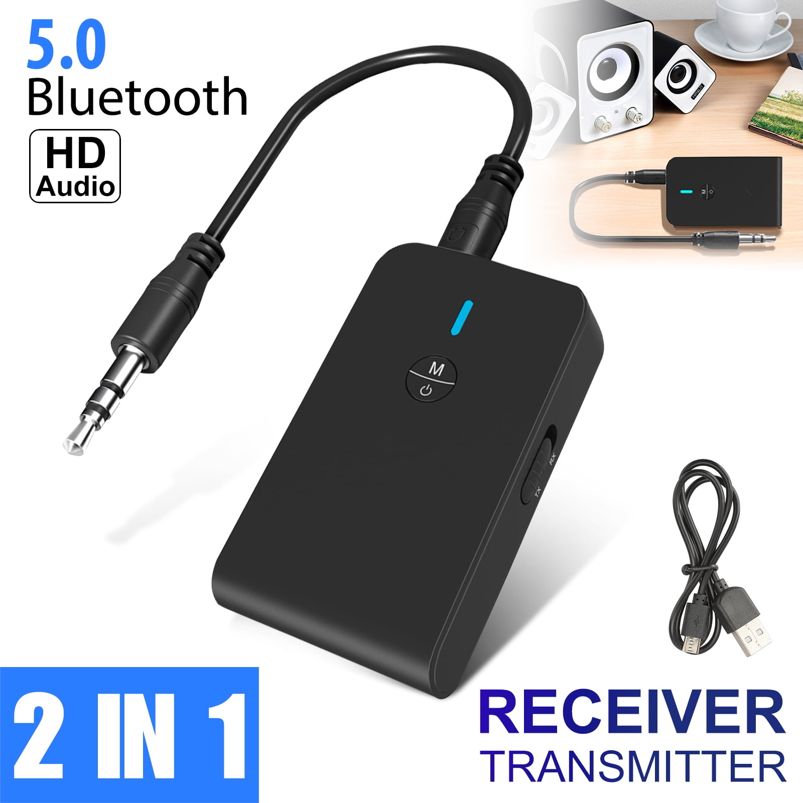 Bluetooth 5.0 Transmitter and Receiver for TV PC 3.5mm AUX RCA Stereo Output 3-in-1 Wireless Bluetooth Adapter with LED Screen Low Latency for Car Home Sound System 