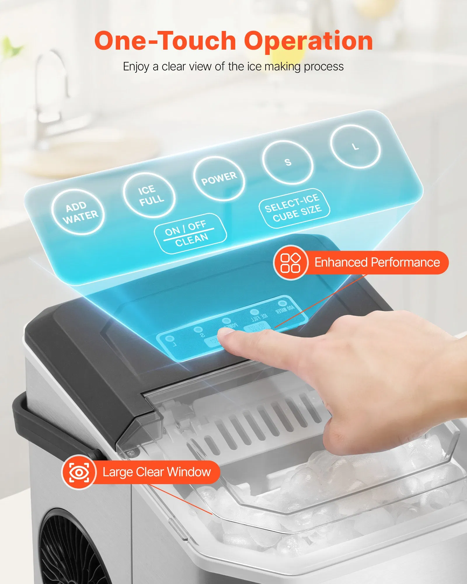 Quick ice maker, portable countertop ice maker, capable of producing ice blocks of two different sizes, easy to control, self-cleaning, with scoop basket, suitable for home use, bars, coffee shops