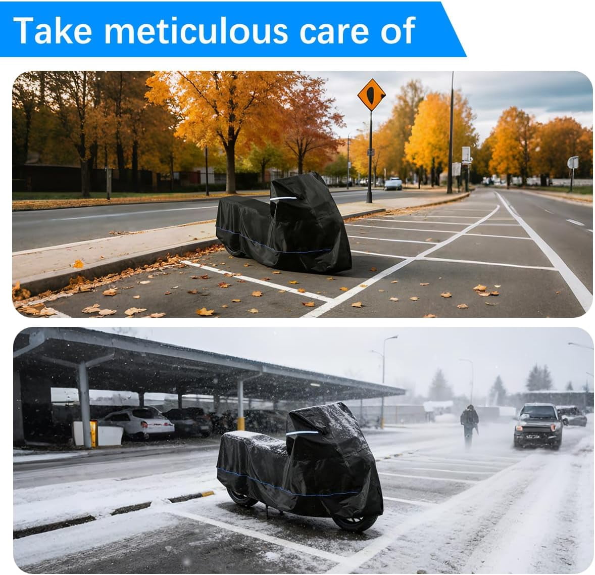 Motorcycle Cover 88.6”L, 420D Oxford Waterproof with High-Temp Resistant Bottom (550°C/1054°F), Heavy Duty Motorcycle Cover for Sport Cruiser Dirt Bike Scooter