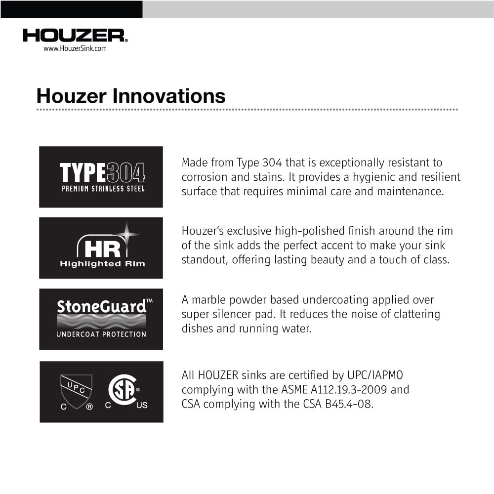 Houzer Premier 33 inch Stainless Steel Drop-in Topmount 1-hole Single Bowl Kitchen Sink with Strainer - PGS-3122-1-1