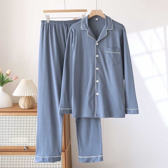 Kakii Mens Cotton Pajama Set, Soft Long Sleeve Pajamas for men Lightweight Button Up Sleepwear Lounge Pjs Set with Pockets
