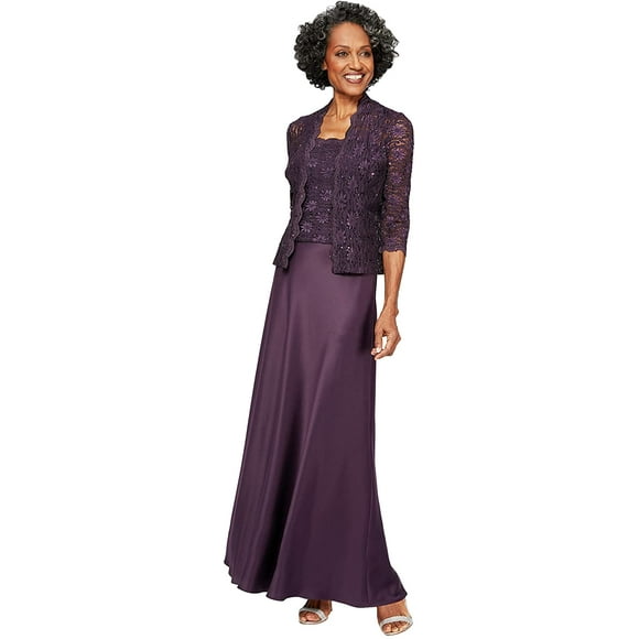 Alex Evenings Womens Plus Size Long A-Line Mock Dress with Jacket 12 Eggplant