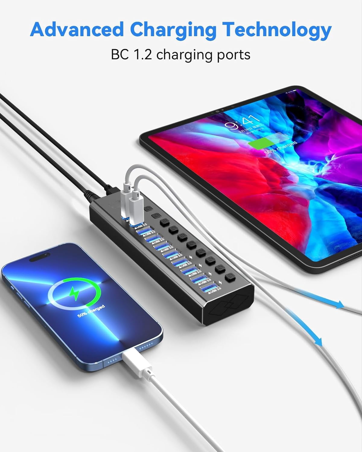 Powered USB Hub 3.2, AUBEAMTO 10-Port USB 3.2/USB C Hub (10Gbps USB-A 3.2 +2 USB-C 3.2 +7 USB 3.0 Ports) with Individual On/Off Switches and 12V Power Adapter, Aluminum USB Hub Powered for Laptop PC