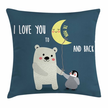 I Love You Throw Pillow Cushion Cover, Teddy Bear and Penguin Best Friends Arctic Lovers under Moon Cartoon, Decorative Square Accent Pillow Case, 20 X 20 Inches, Slate Blue Grey Yellow, by (Best Presents Under 20)