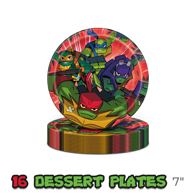 Teenage Mutant Ninja Turtles TMNT Birthday Party Bundle Pack includes 16  Dessert Cake Plates, 16 Napkins, 1 Table Cover, 1 Happy Birthday Banner, 1