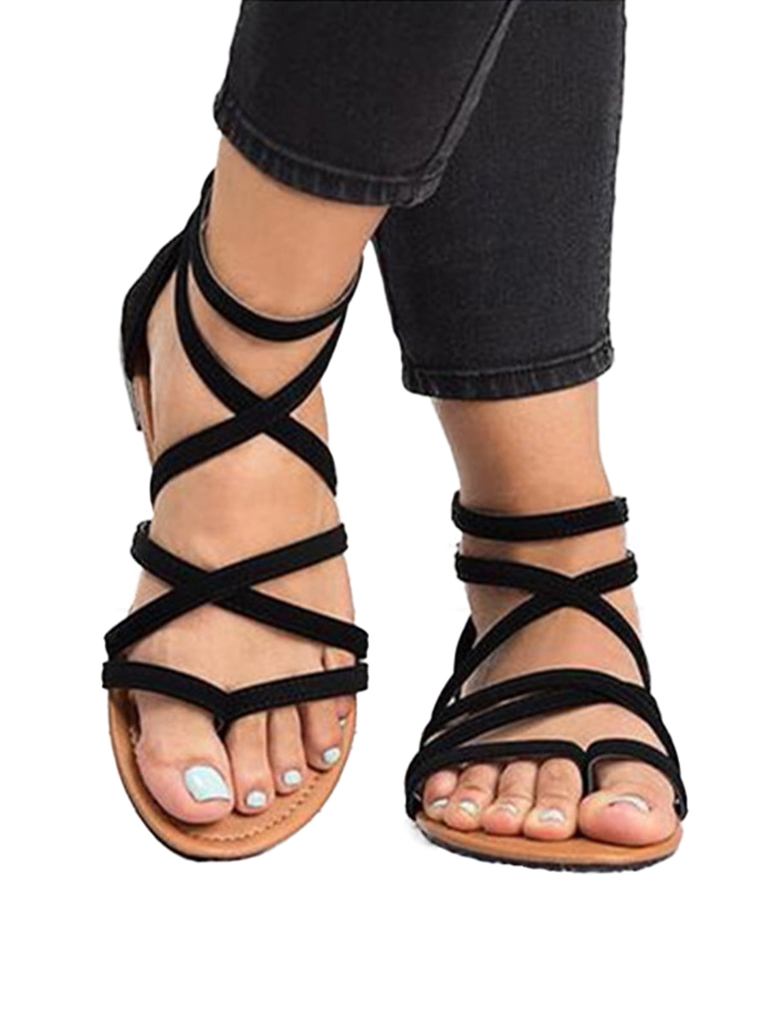 Womens Hollow Out Thong Cross Strap Zipper Summer Gladiator Flat Sandals