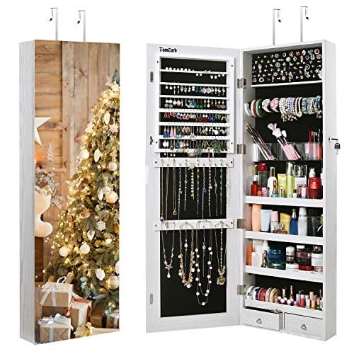 Tomcare Jewelry Cabinet Armoire Wall Door Mounted Organizer Lockable Frameless Mirror 2 Drawers Box Earring Thickened Hanging Storage Com Tomcare Jewelry Cabinet Armoire, Hanging Mirror Jewelry Armoire