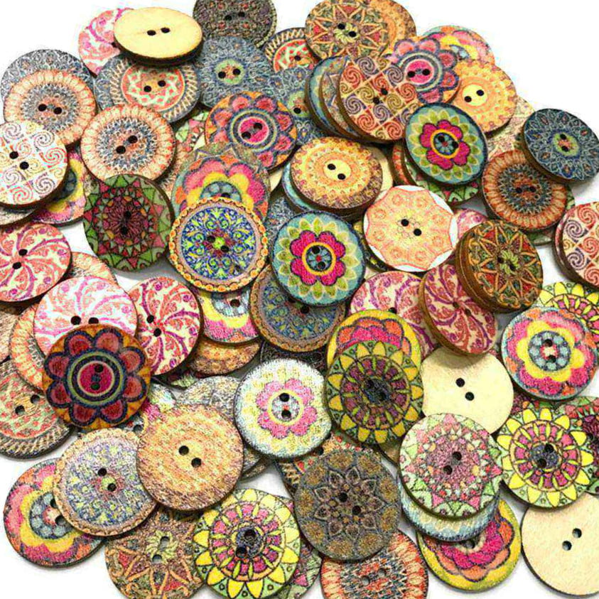 50Pcs Handmade Round Animal Pattern 2 Holes Wood Buttons Sewing For Children 