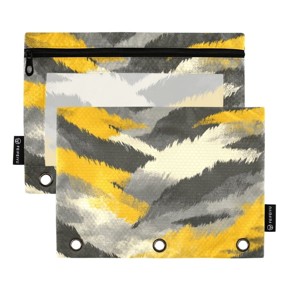 2 Pack 3 Ring Binder Pouch with Clear PVC Window Water Resistant Zipper Pencil Pouch Brushstroke Yellow Grey Camo Print Binder Pocket for Classroom Office Home Stationery Organization