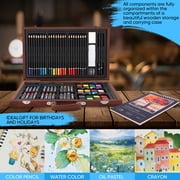 Deluxe Art Set 88-Piece Artist Studio Set Wood Box Case - Art Supplies For Painting, Drawing, 2 Sketch Pads, 24 Watercolor Paint Colors, 24 Oil Pastels, 24 Colored Pencils, 2 Brush, Art Starter Kit