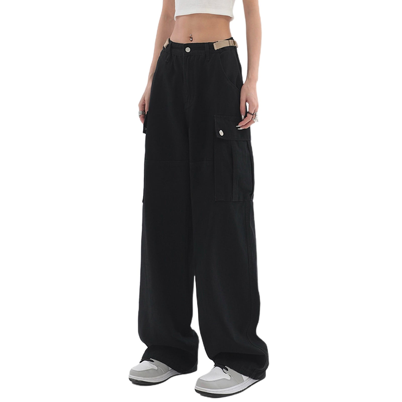 Womens High Waisted Cargo Pants Wide Leg HipHop Long Trousers With