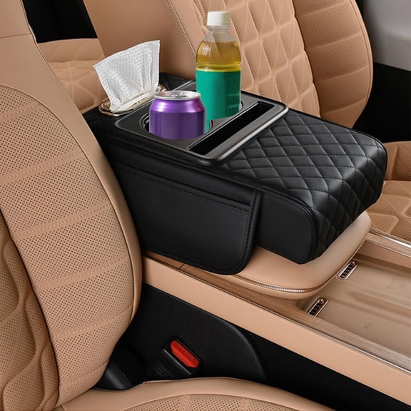 Multifunctional PU Leather Car Armrest Box Mat, Universal Center Console Cover with Storage Organizer, Non-Slip Driver and Passenger Side Arm Rest Pad