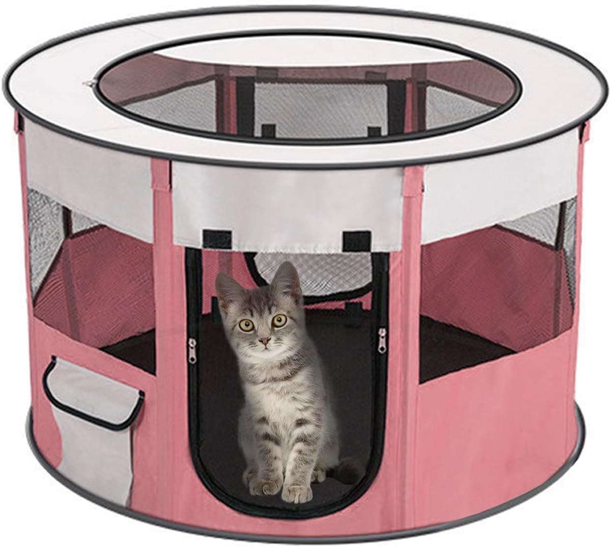 Cat Pen,Cat Cages Indoor,Portable Cat Enclosures Indoor,Foldable Dog & Cat Play Pen,Fit for Cat/Rabbit/Puppy,Ideal for Indoor,Outdoor and Camping Use,Cat House,S (Pink Round,28.34 * 28.34 * 15.74in)