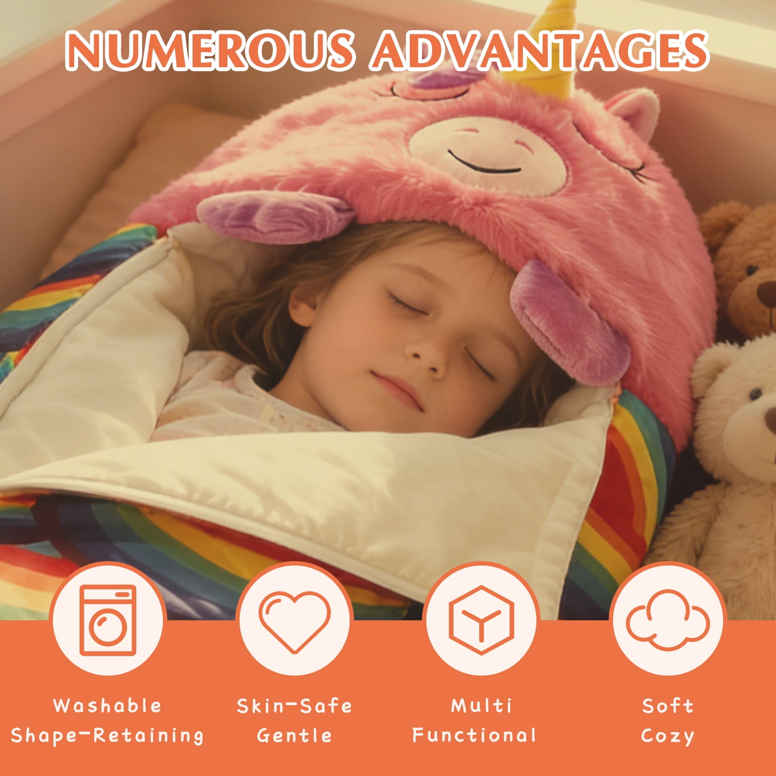 Kids Unicorn Sleeping Bag with Pillow - 2-in-1 Foldable, All Seasons, Soft & Warm (45"x19")-Pink