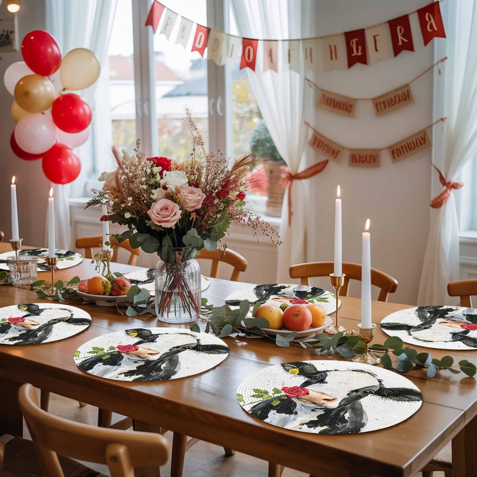 Black White Cow Round 13 Inch Placemats Set of 8, Spring Farmhouse Animals Printed Red Floral HeatResistant Non Slip Place Mats for Dining Table, Wipeable Braided Kitchen Table Mats for Housewarming