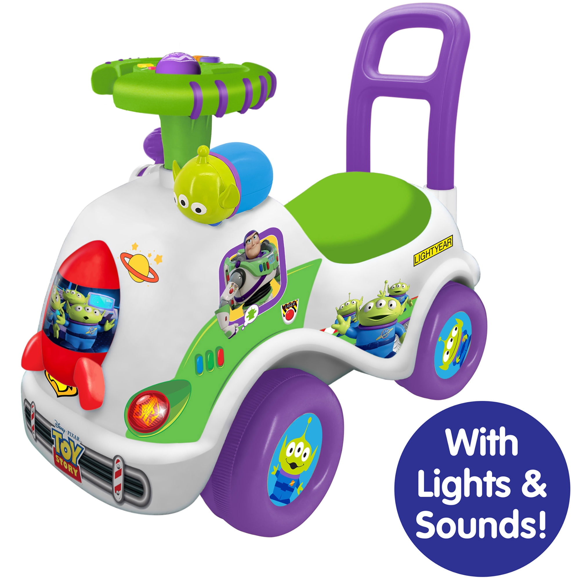 Kiddieland: Ride n' Go - Space Adventure Buzz - Disney Lights & Sounds Foot-To-Floor Vehicle, Toy Zoom Alien, Storage Seat, Handle, Toddlers 12-36mo