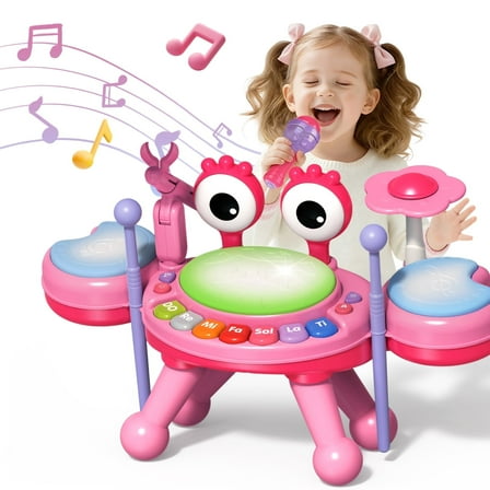 LINXUXIE Crab Drum Instruments Set, Kids Musical Toy with Microphone, Birthday Gifts for 1-3 3-5 5-8 Year Old