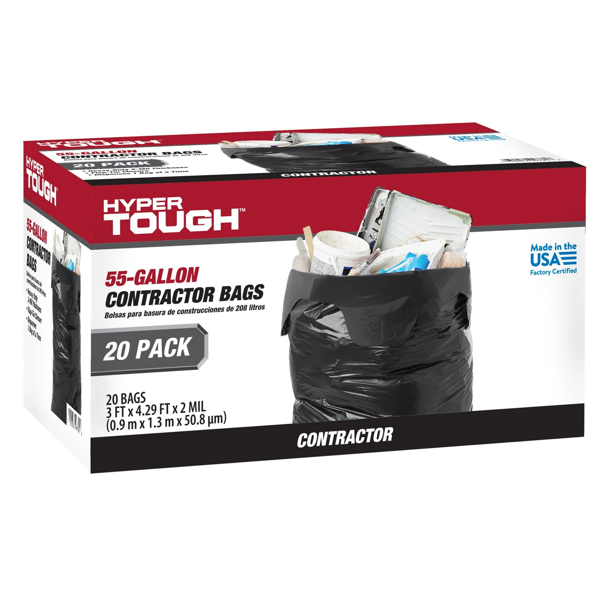 Hyper Tough Contractor Garbage Bags, 55 gal, Flap Tie, 2 mil, 20 Bags