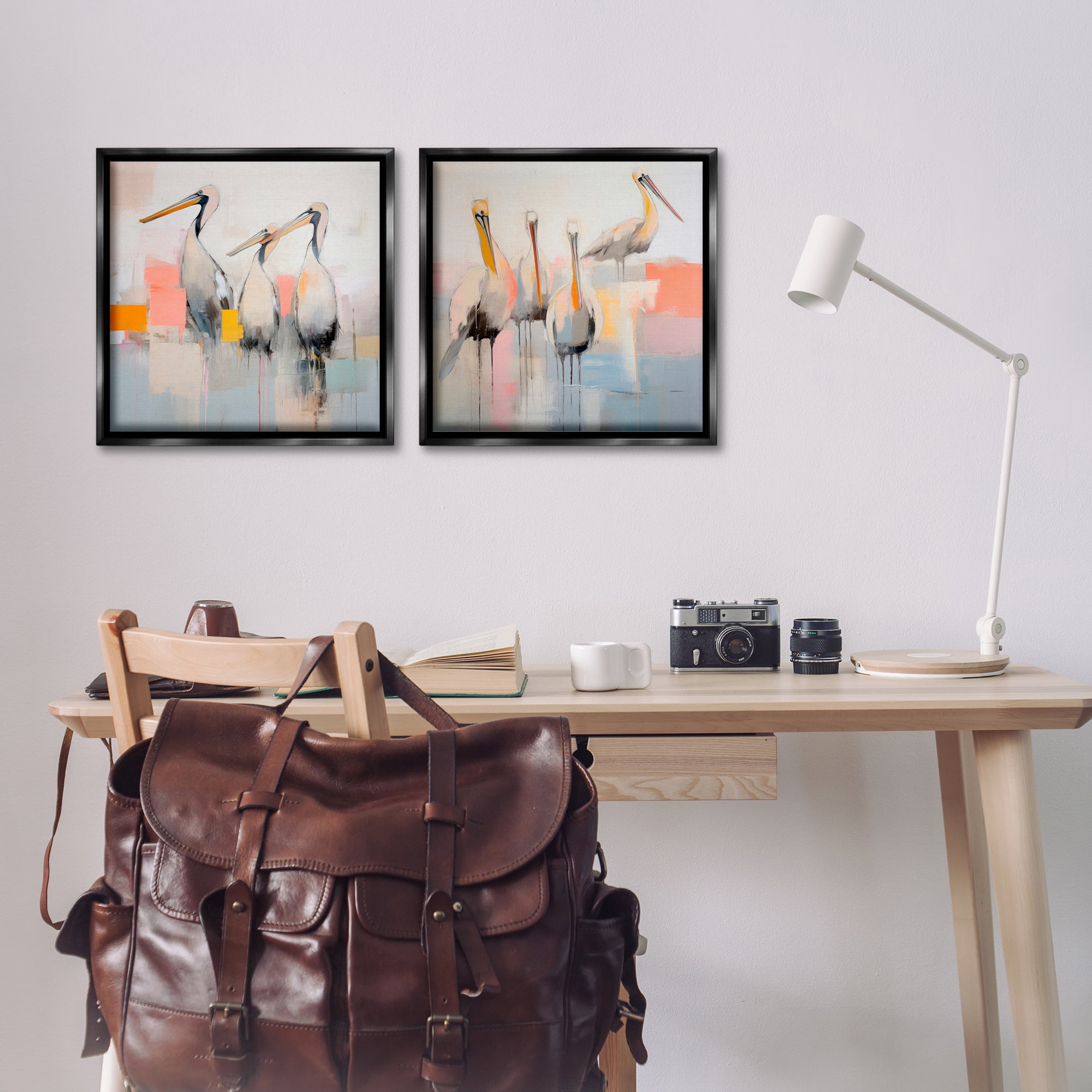 Stupell Industries Abstract Pelican Bird Animals Painting Black Floater Framed Canvas Art Print Wall Art, 18 x 18, Set of 2