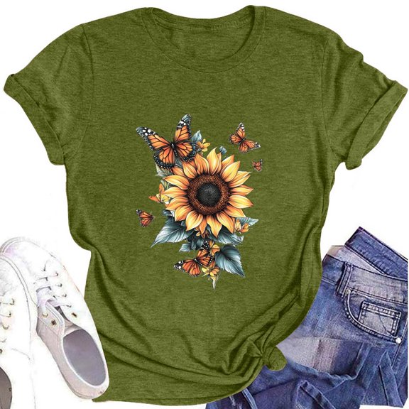 NAMTYQX Spring Tops for Women 2025 Short Sleeve Hawaii Patterns Airoft Boxy Fit mit Print Plus Size Light Crewneck Womens Tshirts Cotton Loose Fit Army Green Size XL