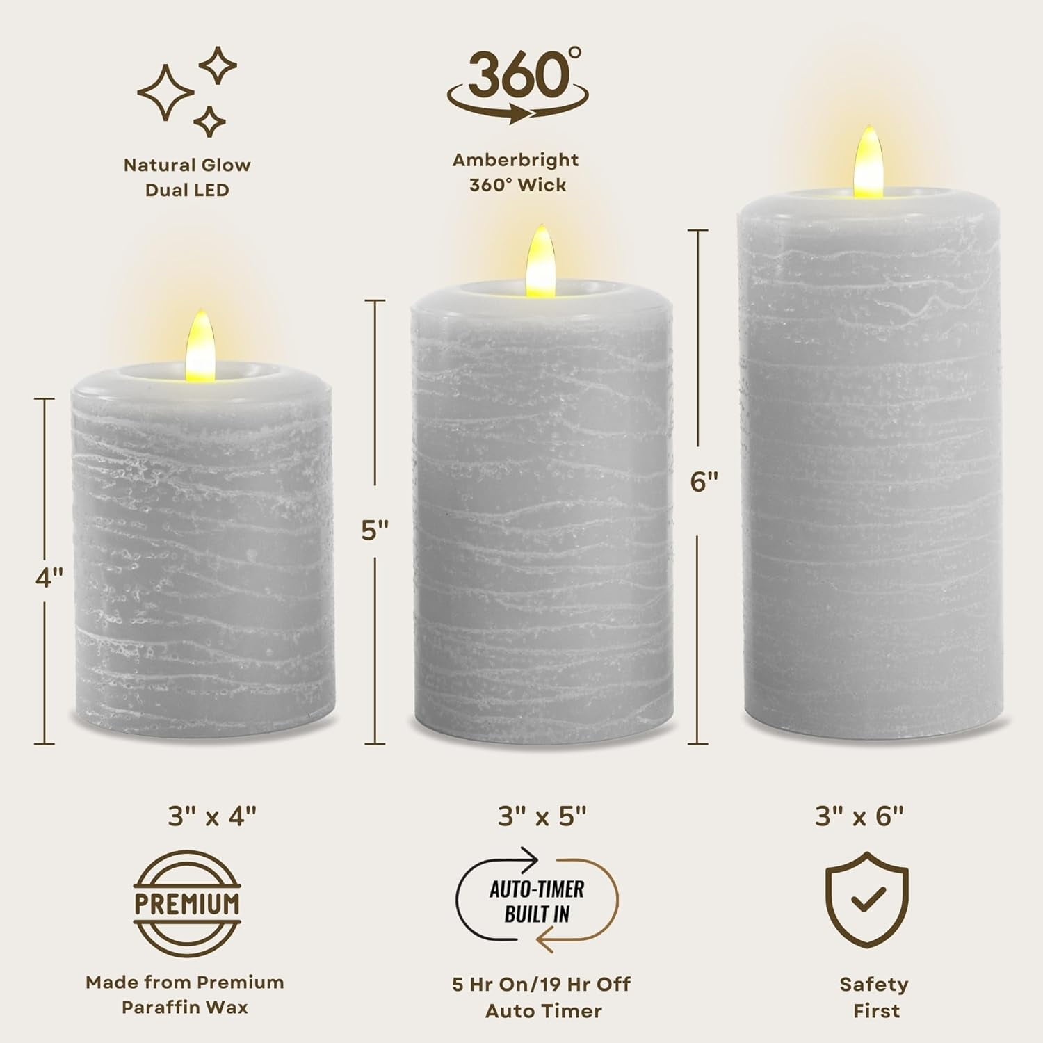 LumiPur Flameless Candles, Flickering LED Battery Operated Wax Pillar Candle, Gray Fog, 3-Pack