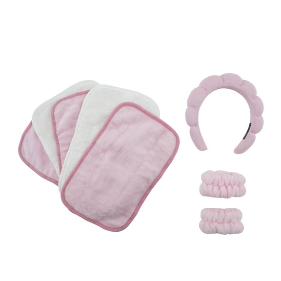 Get Ready with Me 8-Piece Beauty Set, with Spa Headband, Wrist Bands, and 5 Face Cloths, Pink and White. For Makeup Application and Facial Treatments.