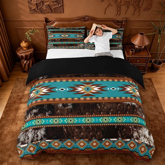 jejeloiu Southwestern Geometric Bedding,Cowhide Pattern Duvet Cover Full For Boys,Turquoise Brown,Black Reversible,3 Pieces,1 Duvet Cover and 2 Pillowcases
