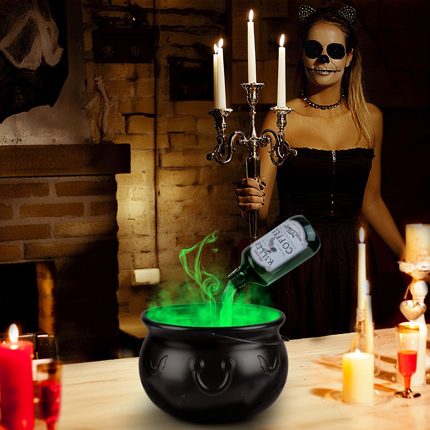 Halloween Witch Cauldron Floating Bottle Set with Green Mist Light USB Powered for Party Decor