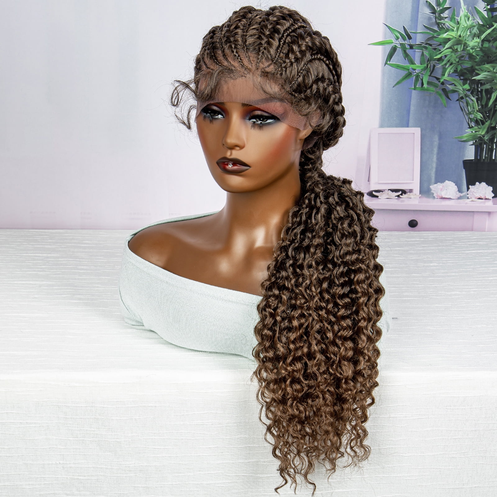 28 Inches Lace Frontal Synthetic Braided Wigs Lace Front Braided Ponytail Wig Natural Knotless with Baby Hair for Black Women Daily Use (1B/30 Color)