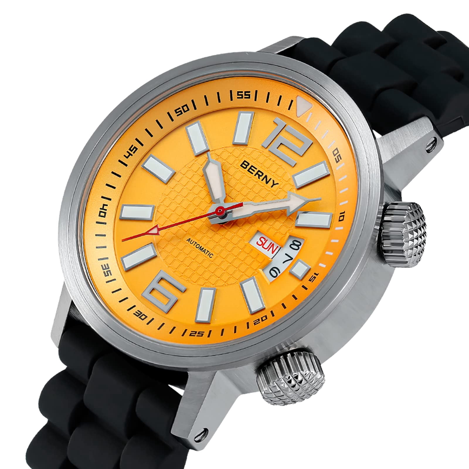BERNY Automatic Dive Watches for Men, Sport 200M Waterproof Analog Mechanical Watch with Day & Date, Super Luminous, Silicone Strap, Stainless Steel, Sapphire Crystal, Men's Pro Diver Watch (Yellow)