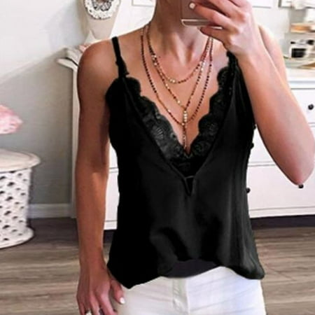 

FREE SHIPPING-camisole Women Sexy V Neck Lace Patchwork Strappy Sleeveless Casual Camis Vest Tank Tops nightgowns for women lingerie valentines day birthday gifts Black