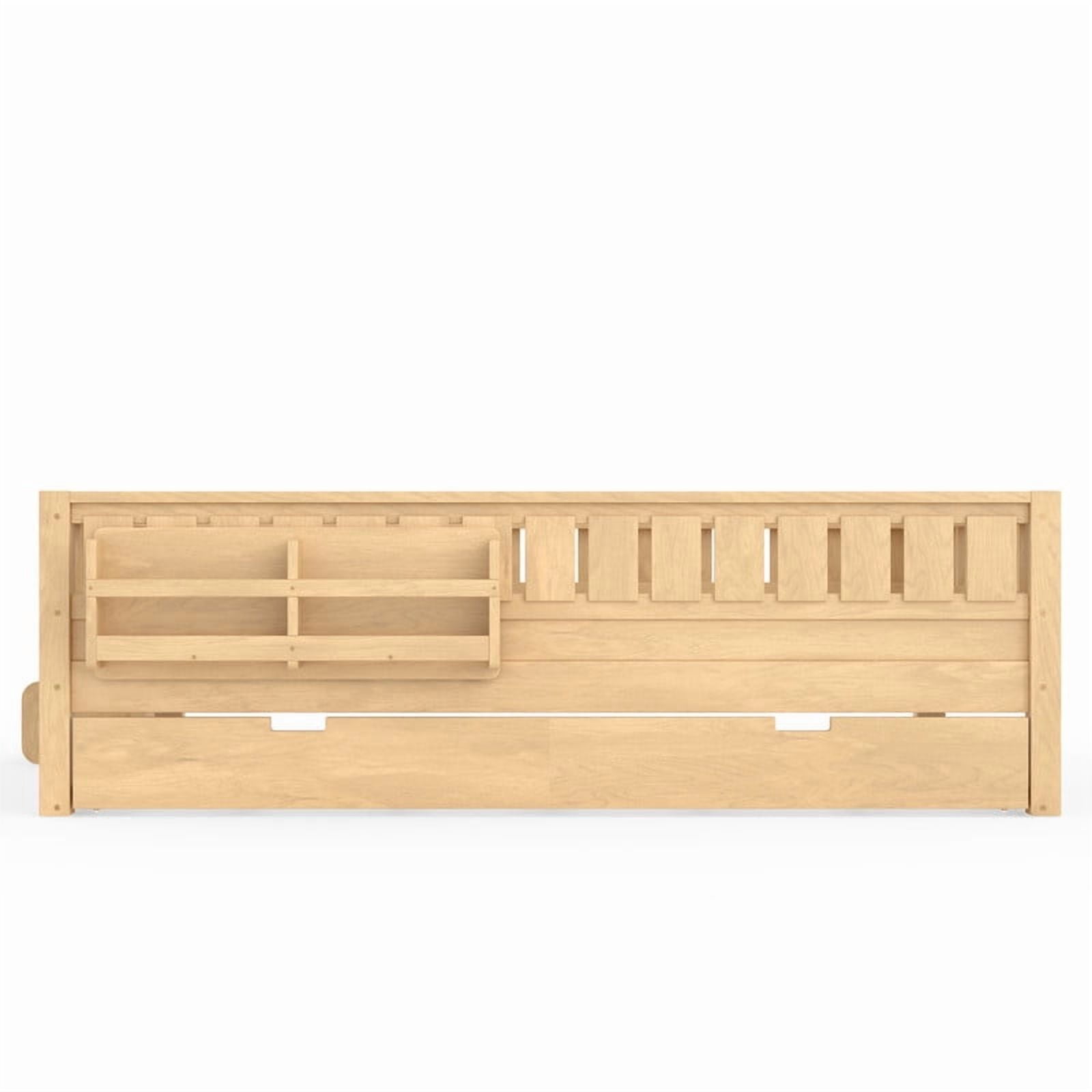 Queen Size Low-Profile Kid's Platform Bed with Built-in Bookshelves & Small Staircase, Wooden Bed Frame with Safety Rails & Trundle