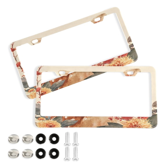 Aluminum License Plate Frame 2 Pack Car Exterior Accessory Car Tag Holder for Front Rear Plates Cars Decor Deer Surrounded by Autumn Leaves