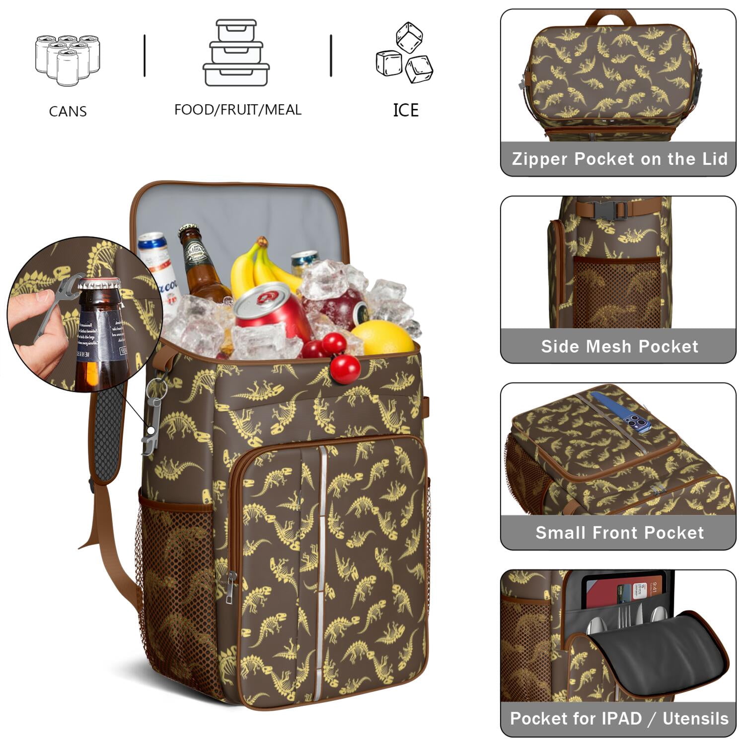 Travel Cooler Bag - Brown Cartoon Dinosaurs Skeletons Pattern Camping Beer Cooler Backpack with Bottle Opener- Waterproof Insulated Picnic Backpacks - Cooler Bag for Beach