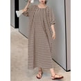 thumbnail image 6 of sicmoss Women's Coffee Brown Striped Gingham Swing Dress Crew Neck Loose Fit Midi Lantern Sleeve, 6 of 7