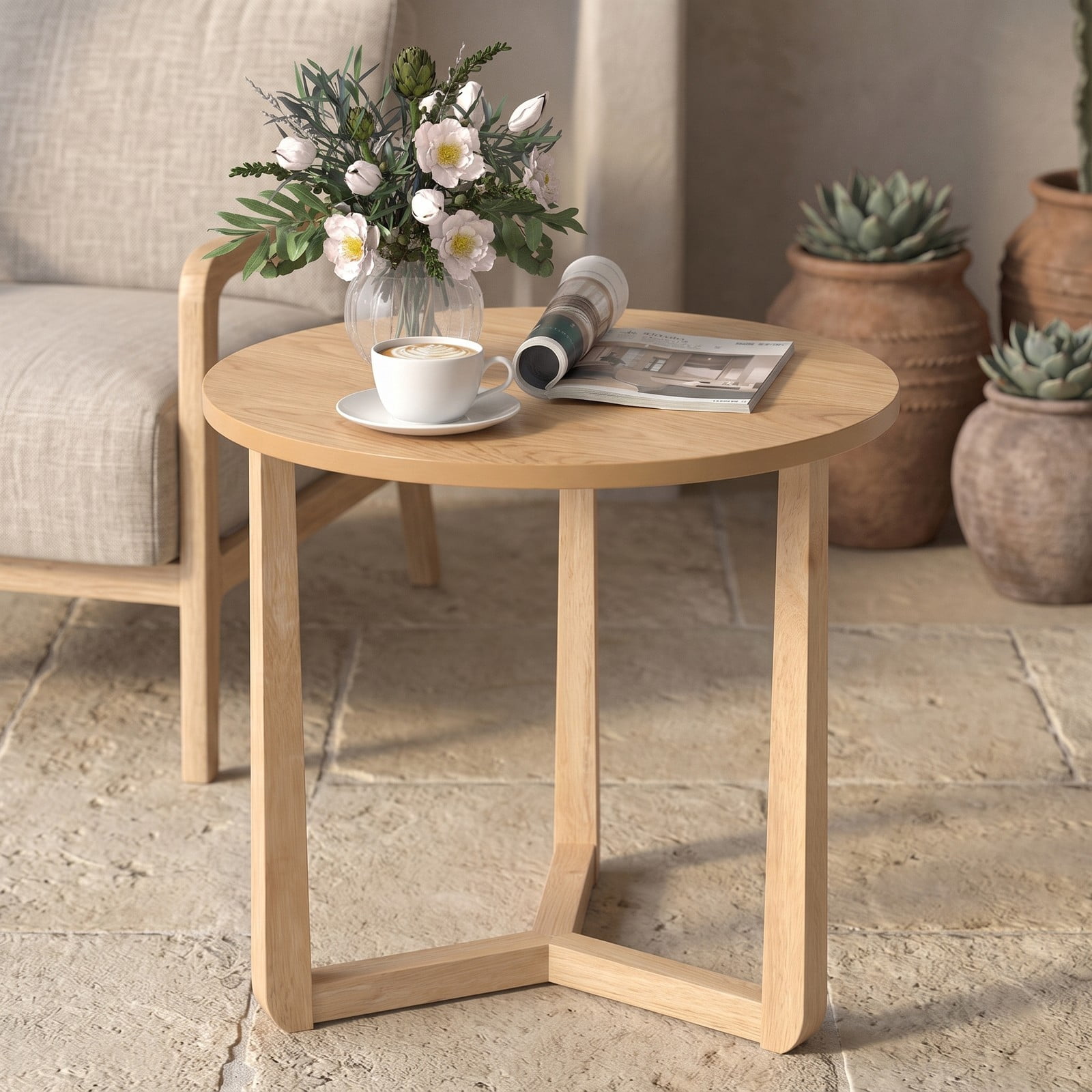 Furnibear 22.5 Inch Round Side Table, Farmhouse End Table with Sturdy Rubber Wood Legs and Triangular Base, Wooden Accent Nightstand Sofa Table for Living, Natural