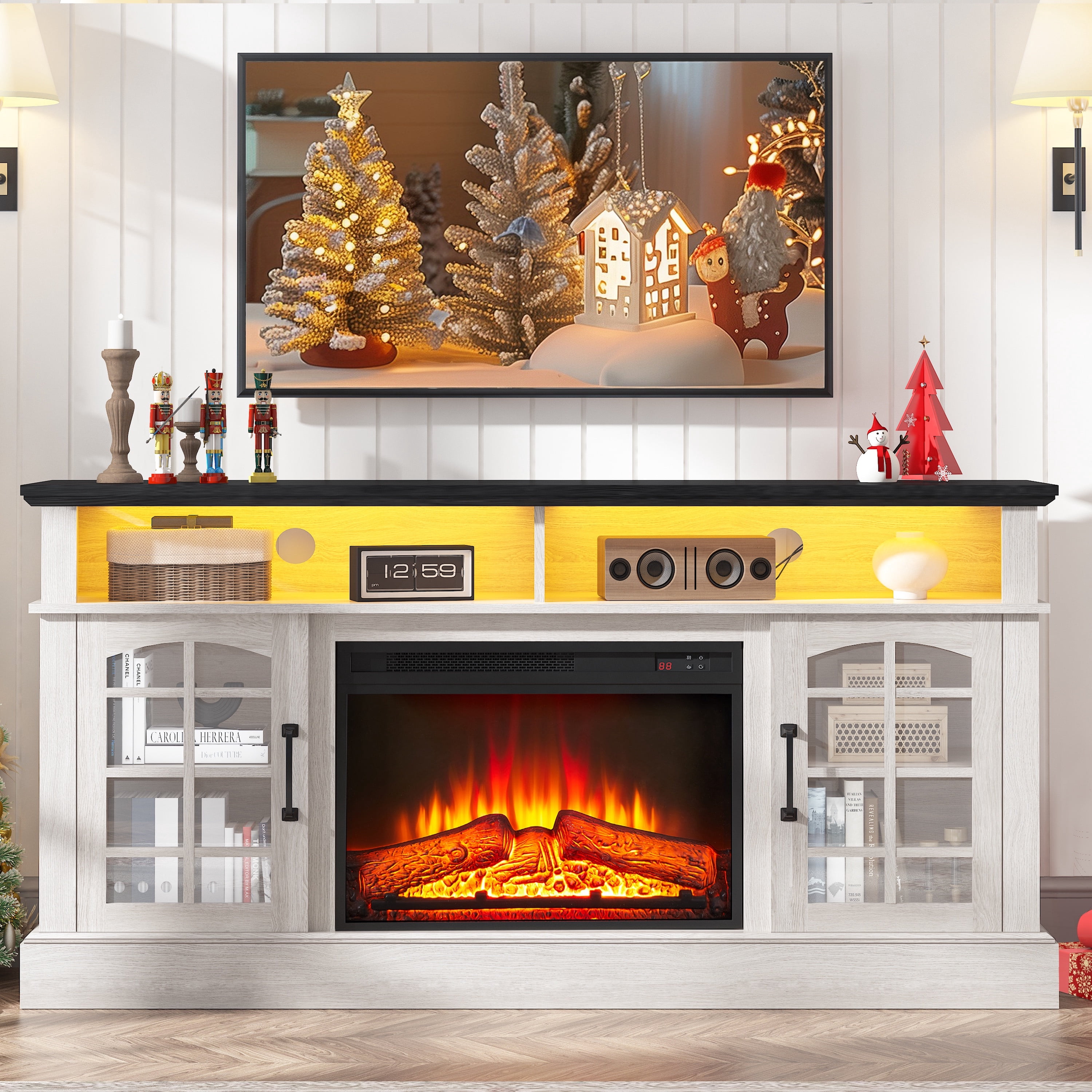 Paproos Fireplace TV Stand for 65 inch TV with LED Lights, 32.0in Tall TV Stand with 23'' Electric Fireplace, Entertainment Center for Living Room, 400 Sqt Heating Area, Black Tabletop&White Cabinet