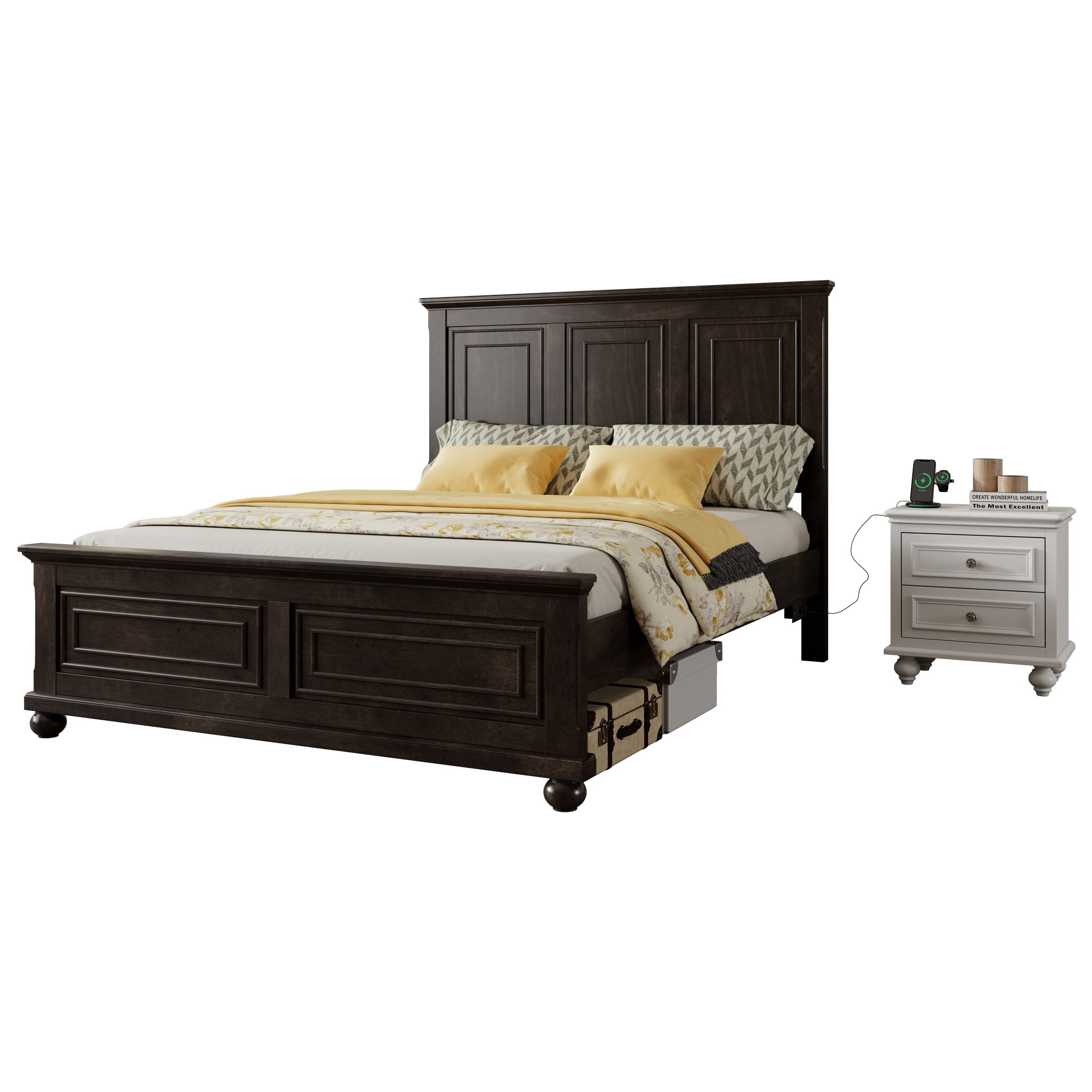 Mirightone Farmhouse King Size Bed Frame with Tall Headboard & Footboard and Built-in Charging Station, Wooden King Bed Frame with Wood Panel Bed Base, No Squeak, Rich Brown