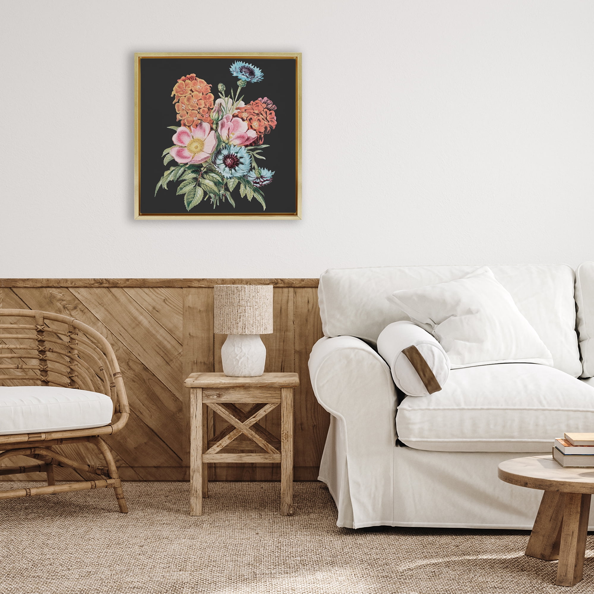 Stupell Industries Vintage Bouquet Study over Black Gold Framed Floater Canvas Wall Art, design by Dan Meneely