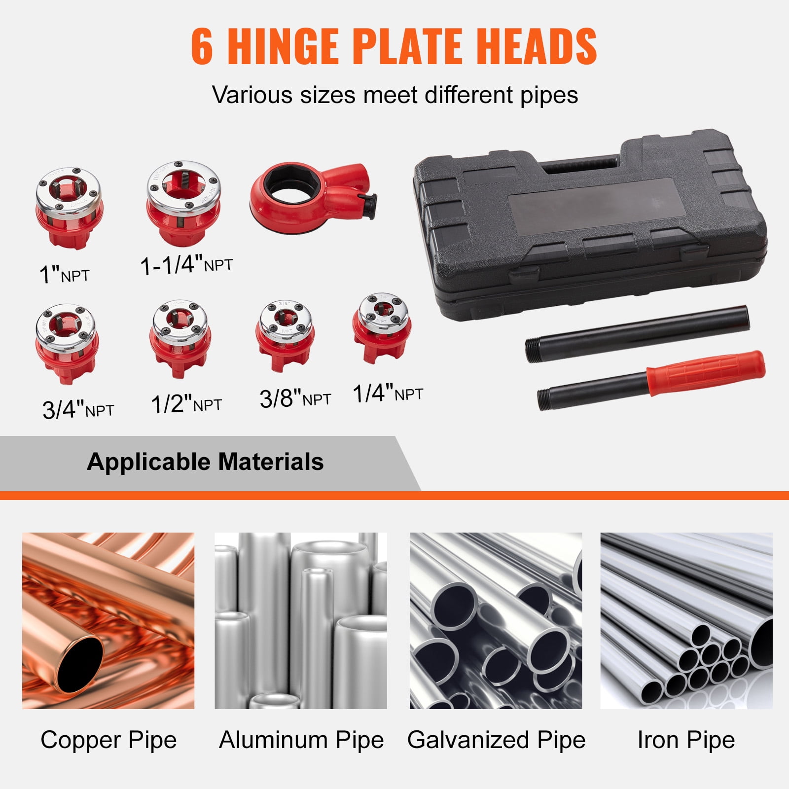 SKYSHALO Ratchet Pipe Threader Kit, 1/4" NPT - 1-1/4" NPT Manual Ratcheting Pipe Threader, Portable Pipe Threading Tool Set with 6PCS NPT Dies, Storage Case for Galvanized Aluminum Iron Copper Pipes