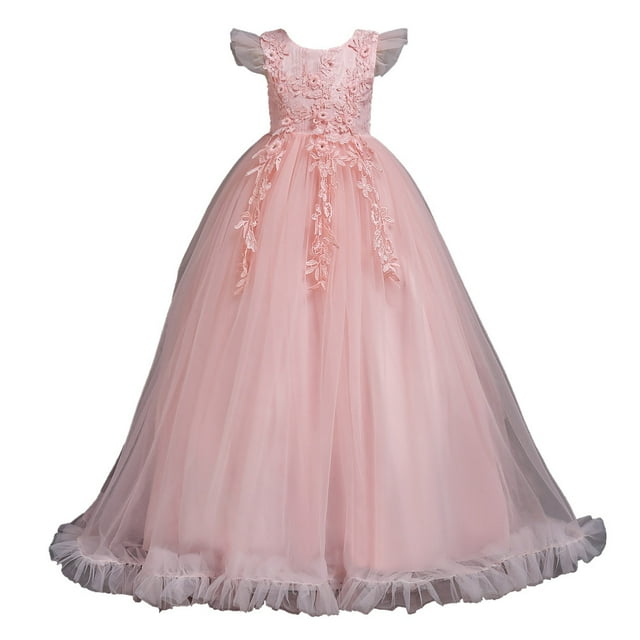 Odeerbi Niñas Verano Tul Encaje Bordado Princesa Vestido Flor Niña Vestido Lazo Ruffle Manga Fiesta Boda Noche Vestido Vestidos Formal